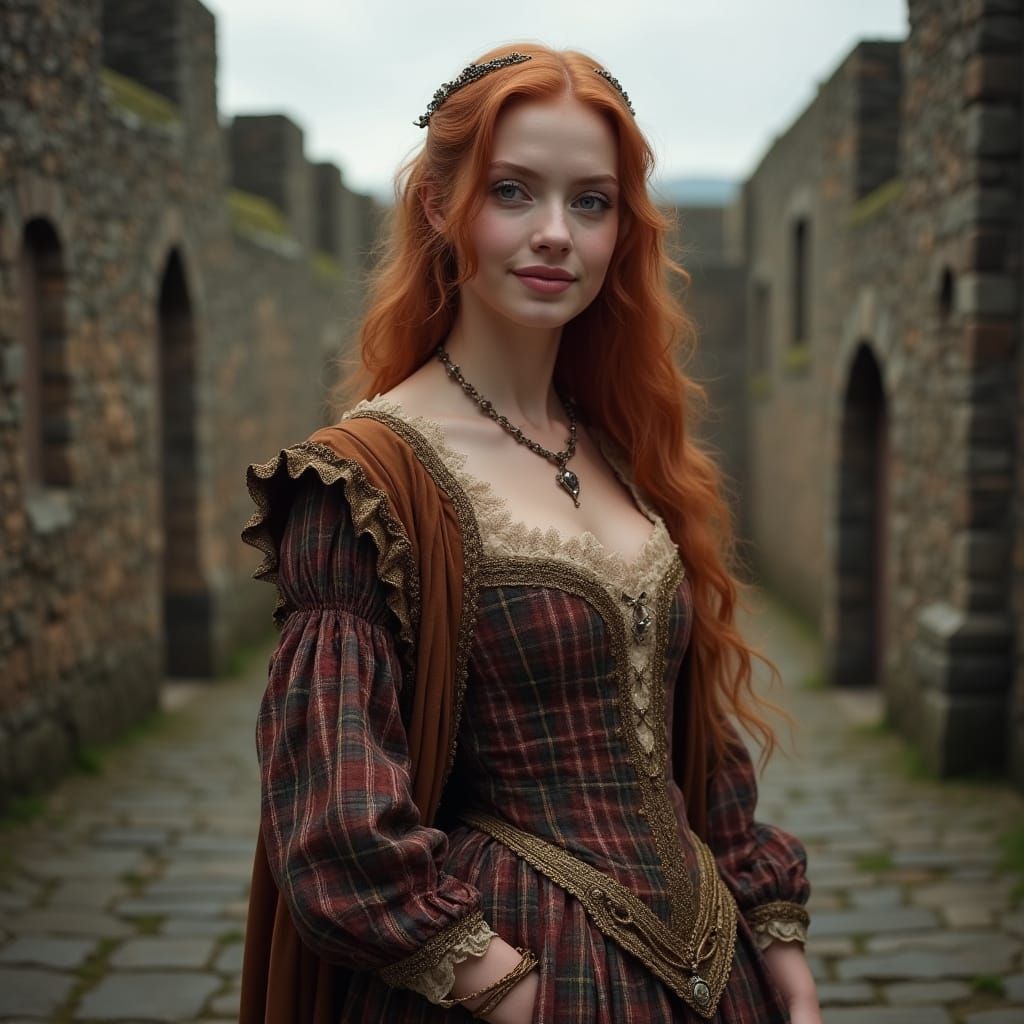 Elegant 18th-Century Scottish Lady in Castle Courtyard
