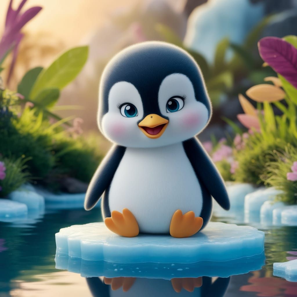 Disney-Style Baby Penguin on an Arctic Ice Floe