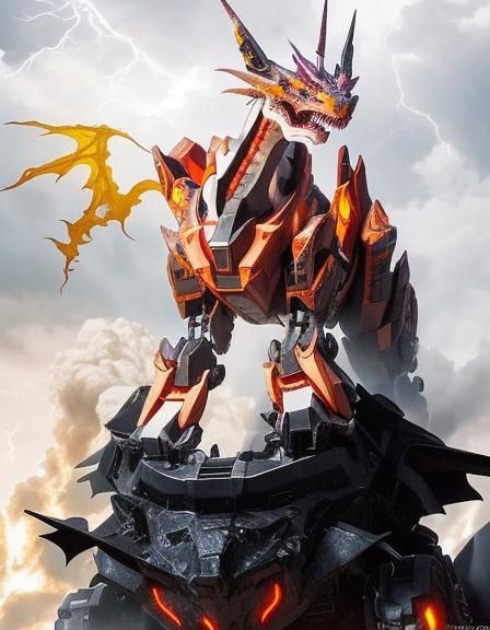 Robotic Black Dragon Mech in Stormy Weather