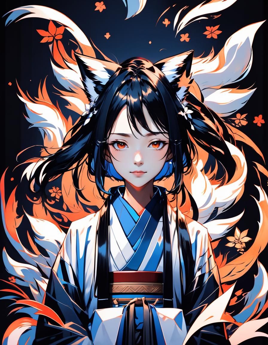 Anime Girl with Fox Ears in Japanese Style