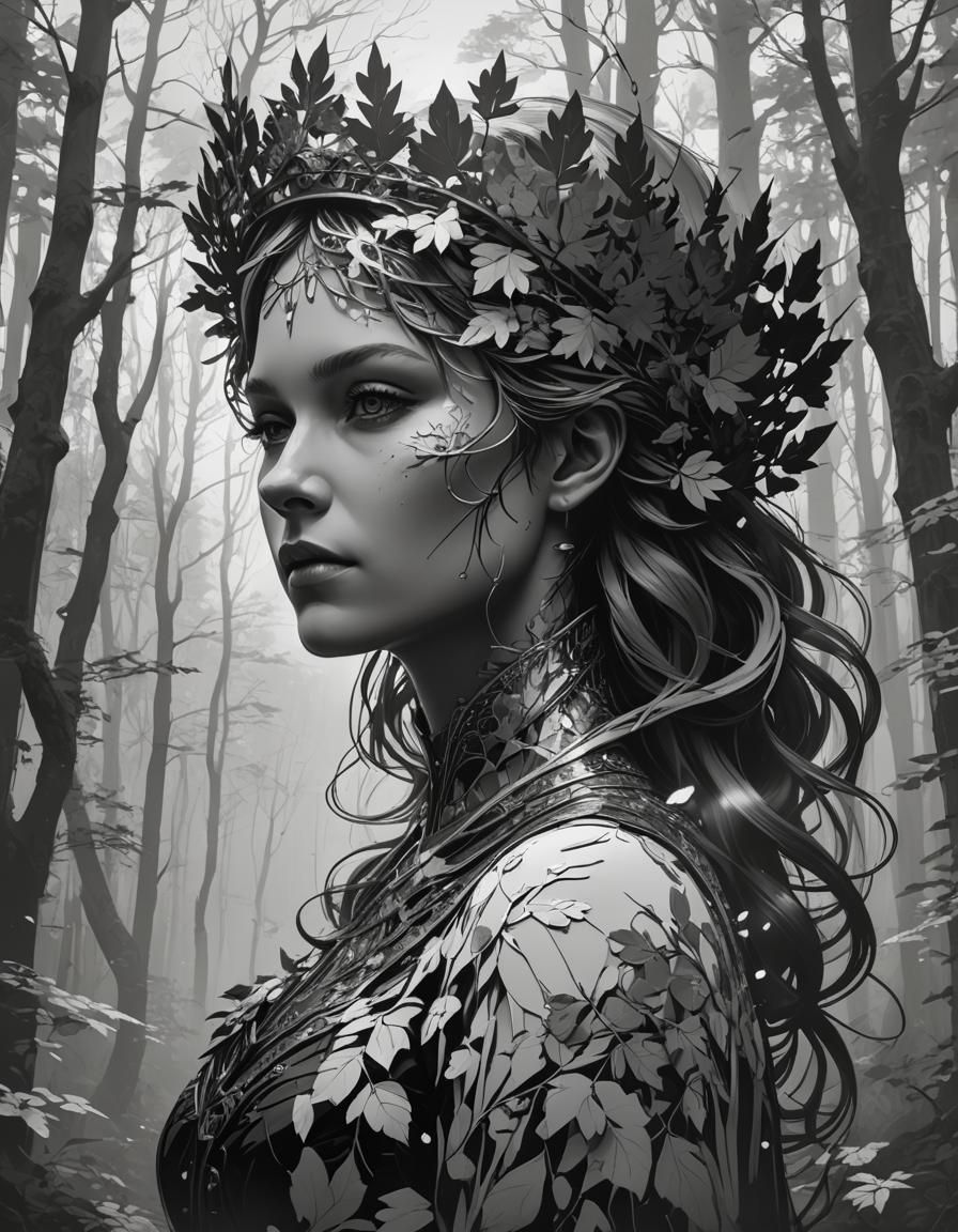 Scandinavian Queen Silhouette with Forest, Double Exposure