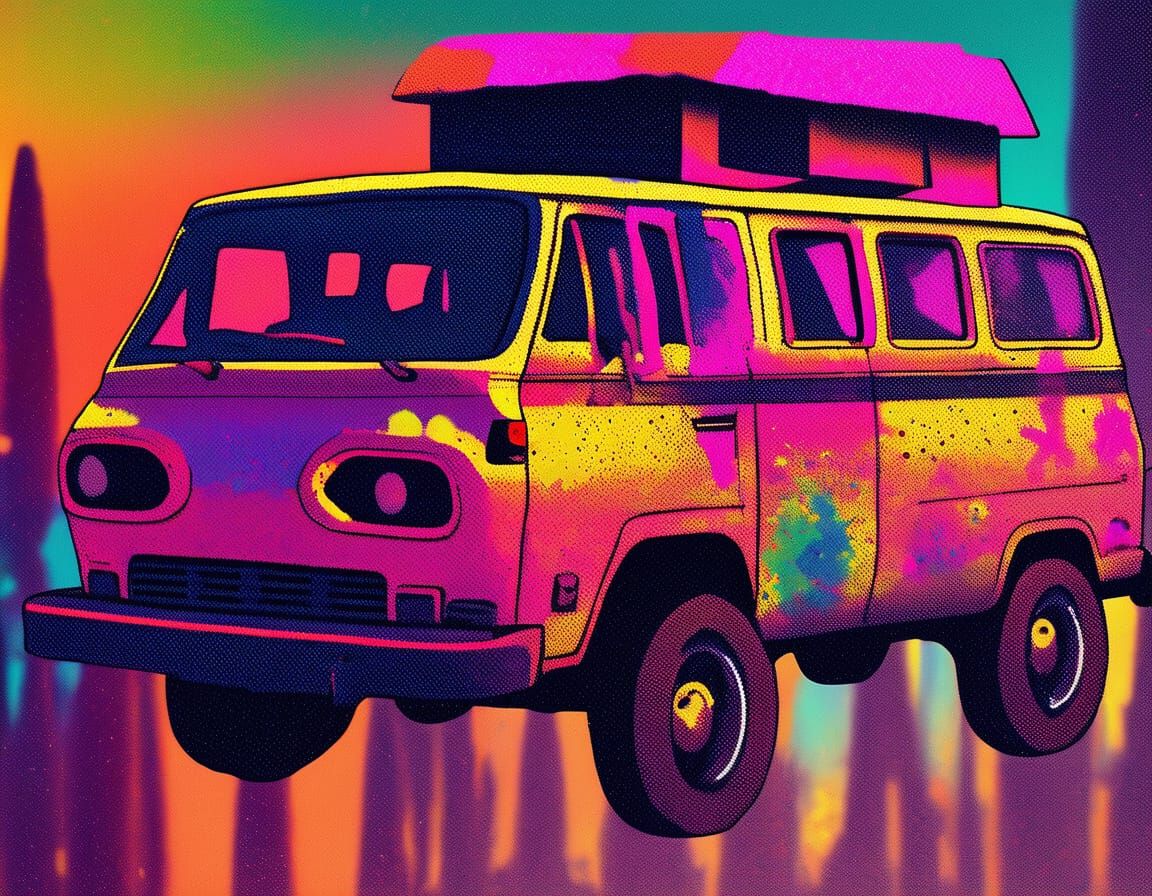 Van Driving on Beach in Vibrant Street Art Style