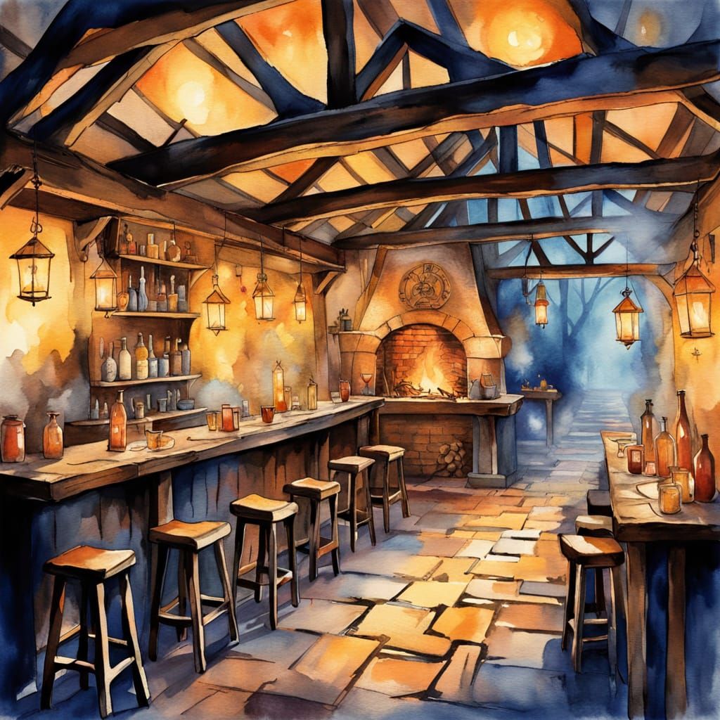 Enchanted Tavern Scene in Watercolor Impressionism