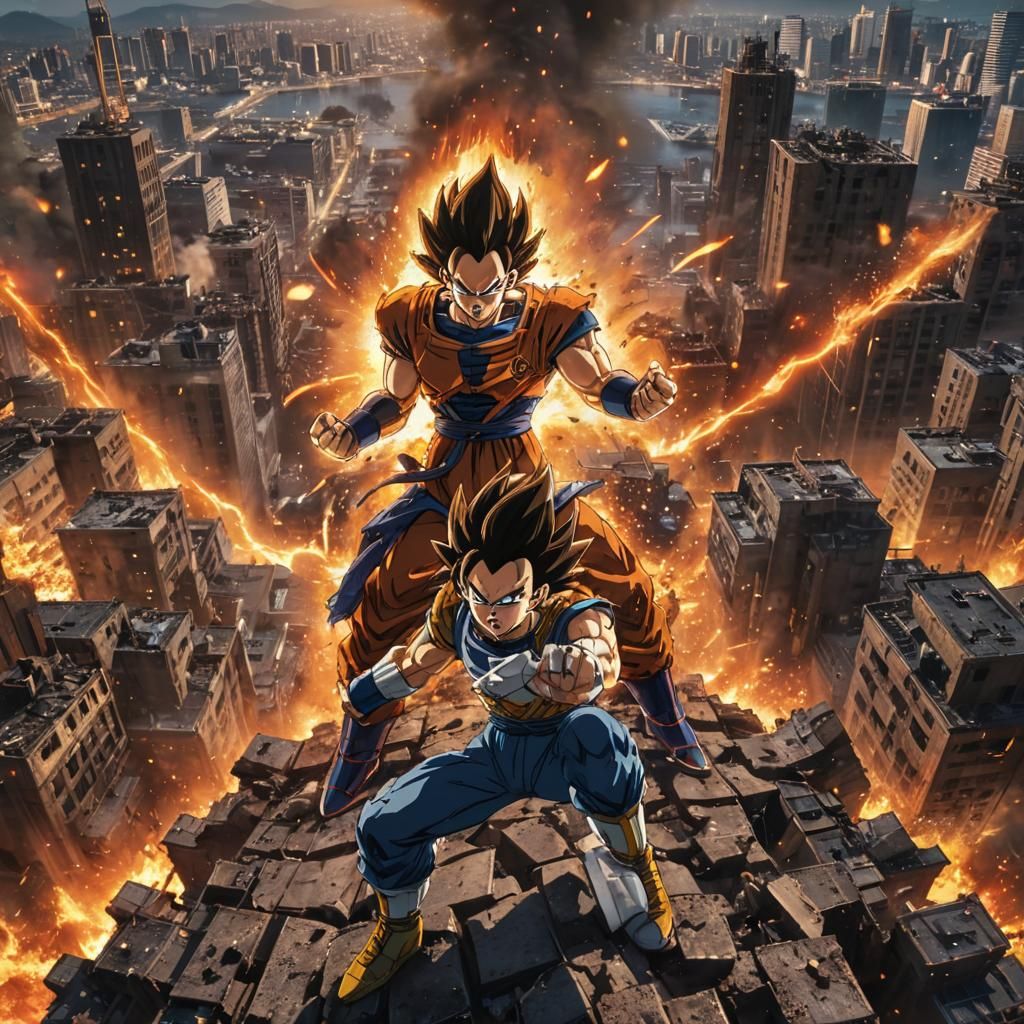 Epic Anime Battle: Vegeta vs Goku in Ruined City