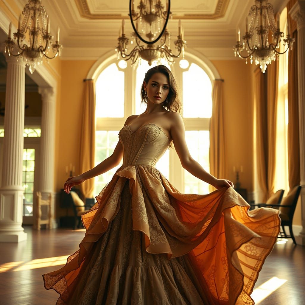 Woman in Elegant Southern Plantation Dress in Grand Antebell...