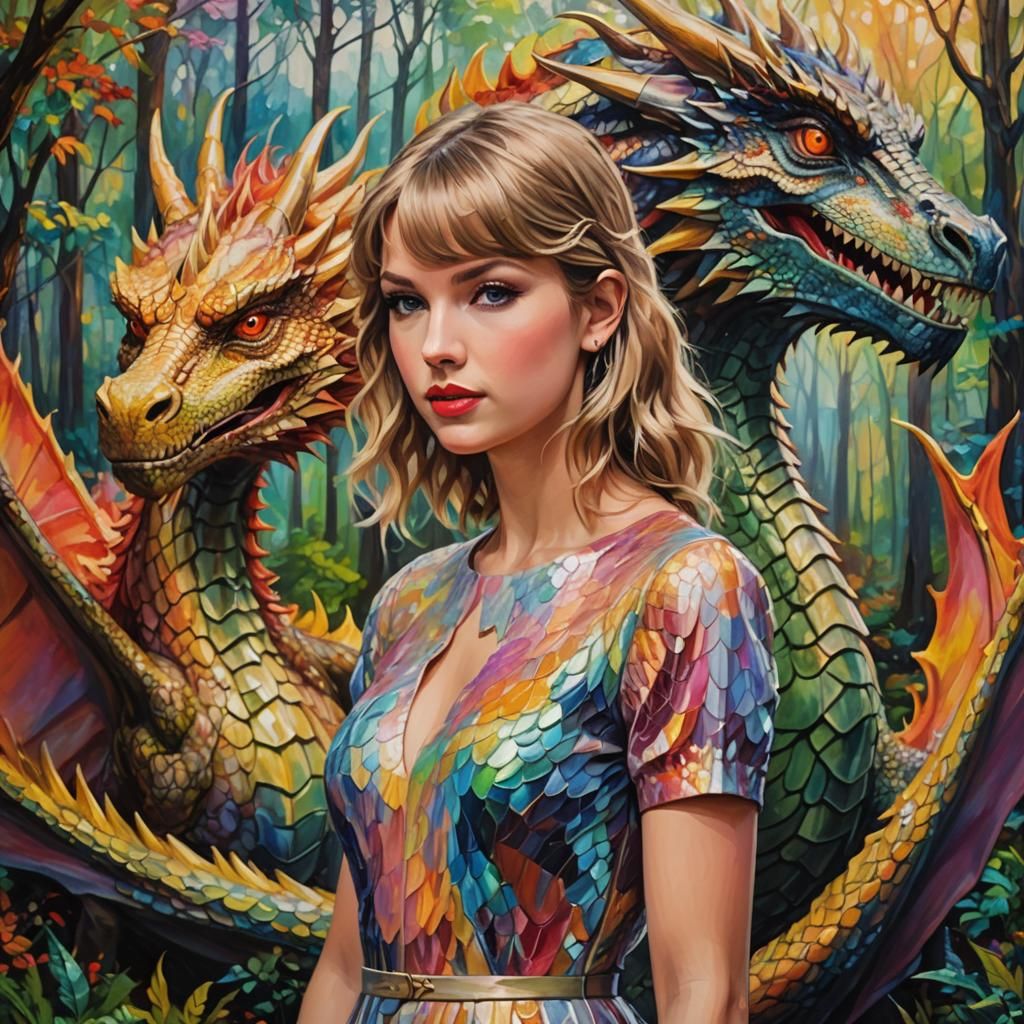 Taylor Swift and Dragon in Neo-Impressionism Style