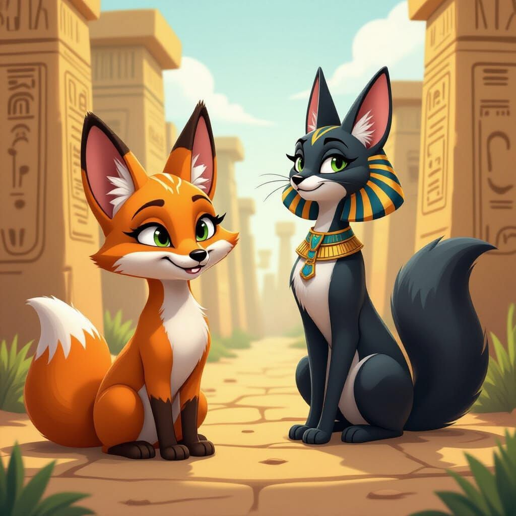 Fox-like Sphinx Blocks Path as Bastet Arches Back