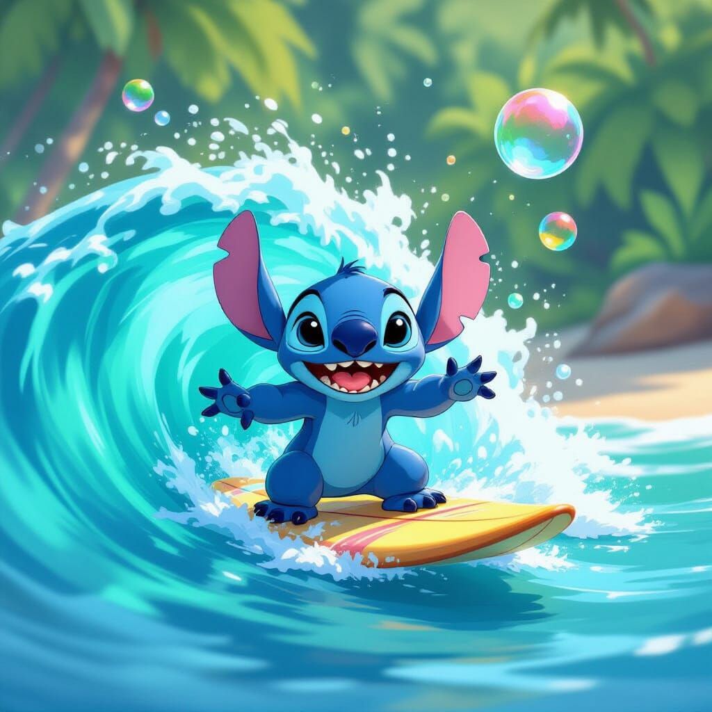 Stitch Surfing a Turquoise Wave with Colorful Bubbles