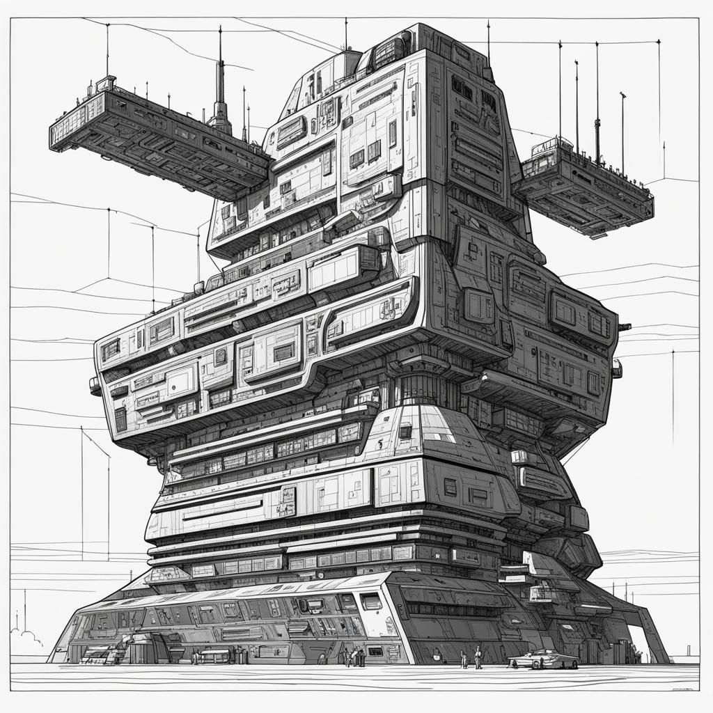 Ominous Sci-Fi Spacecraft in Brutalist Line Art
