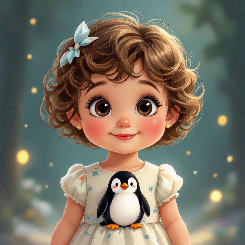 Cute Toddler Girl in Penguin Dress, Animated Style