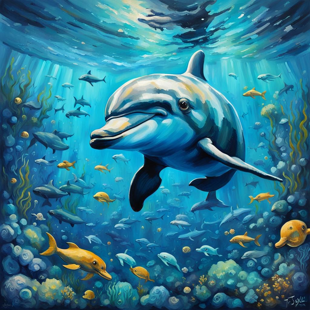 Cute Dolphin in Impressionistic Underwater Painting