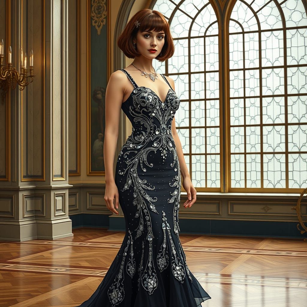 Art Nouveau Woman in Crystal Encrusted Gown