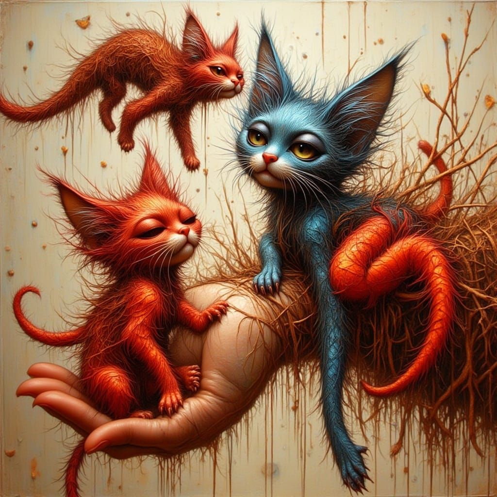 Surreal Spiderweb Hand with Cats in Dürer Style