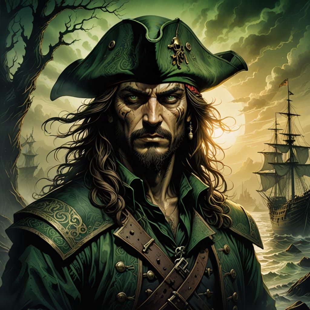 Baroque Pirate Portrait with Intense Green Eyes