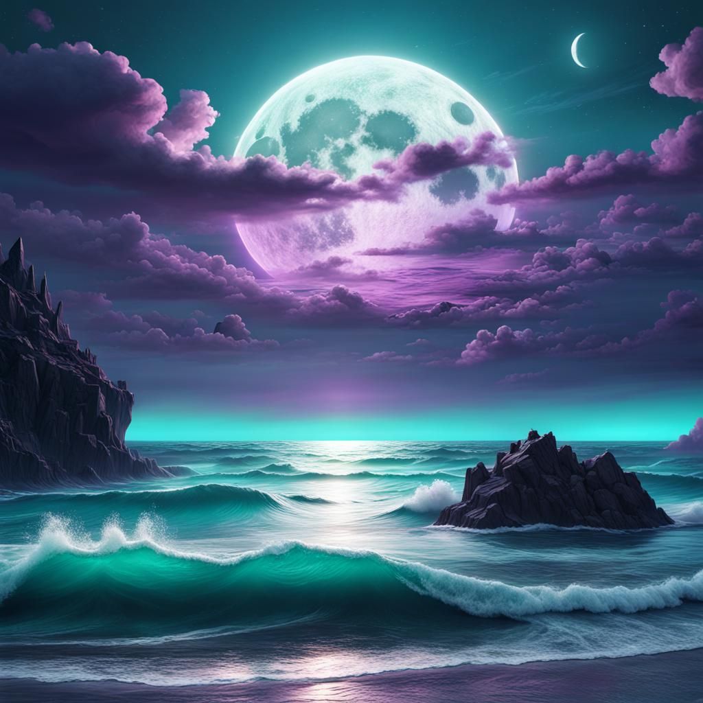 Mystical Ocean Under Teal Moon in Dark Fantasy