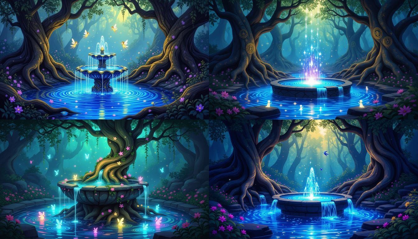 Mystical Fountain in Ancient Forest with Fairies