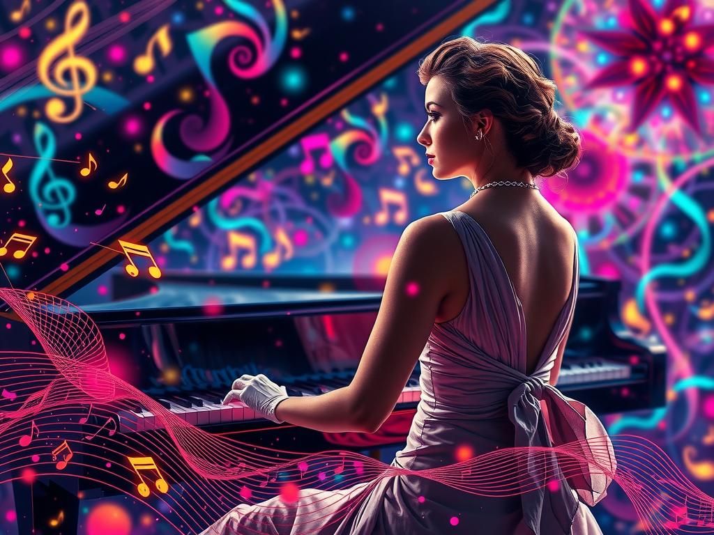 Woman Plays Piano Amidst Psychedelic Music