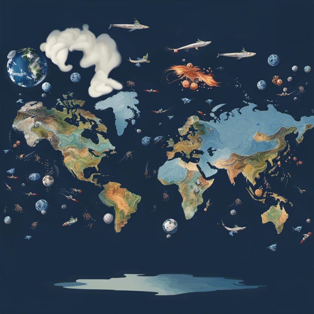 Fantasy Alien Landscape with Animals on World Map