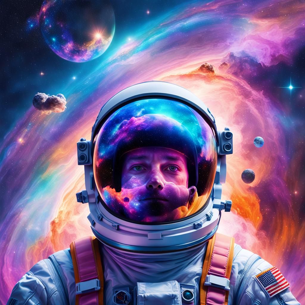 Astronaut Gazing at Nebula in Holographic Style