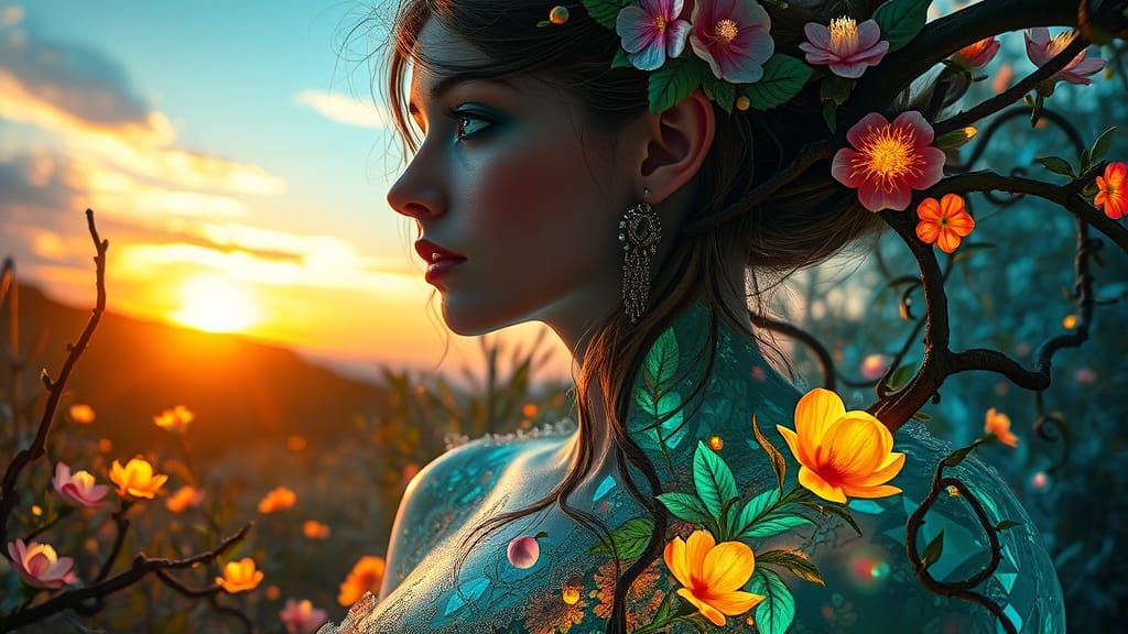 Ethereal Woman in Dreamlike Landscape with Whimsical Fantasy...