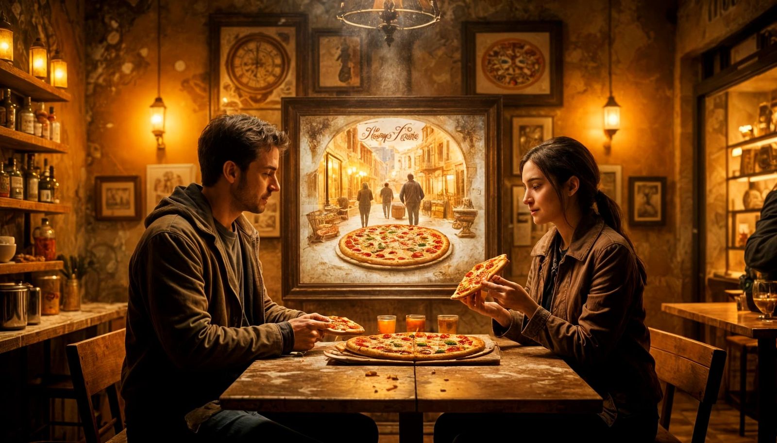 Romantic Pizza Date in Japanese Tonalist Style