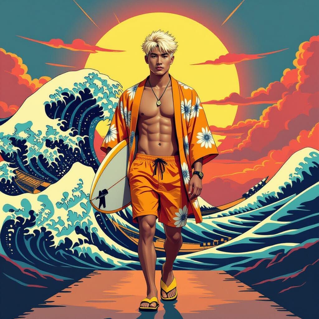 Kimono Surfer on Runway: Hyperrealistic Japanese-Inspired Ar...