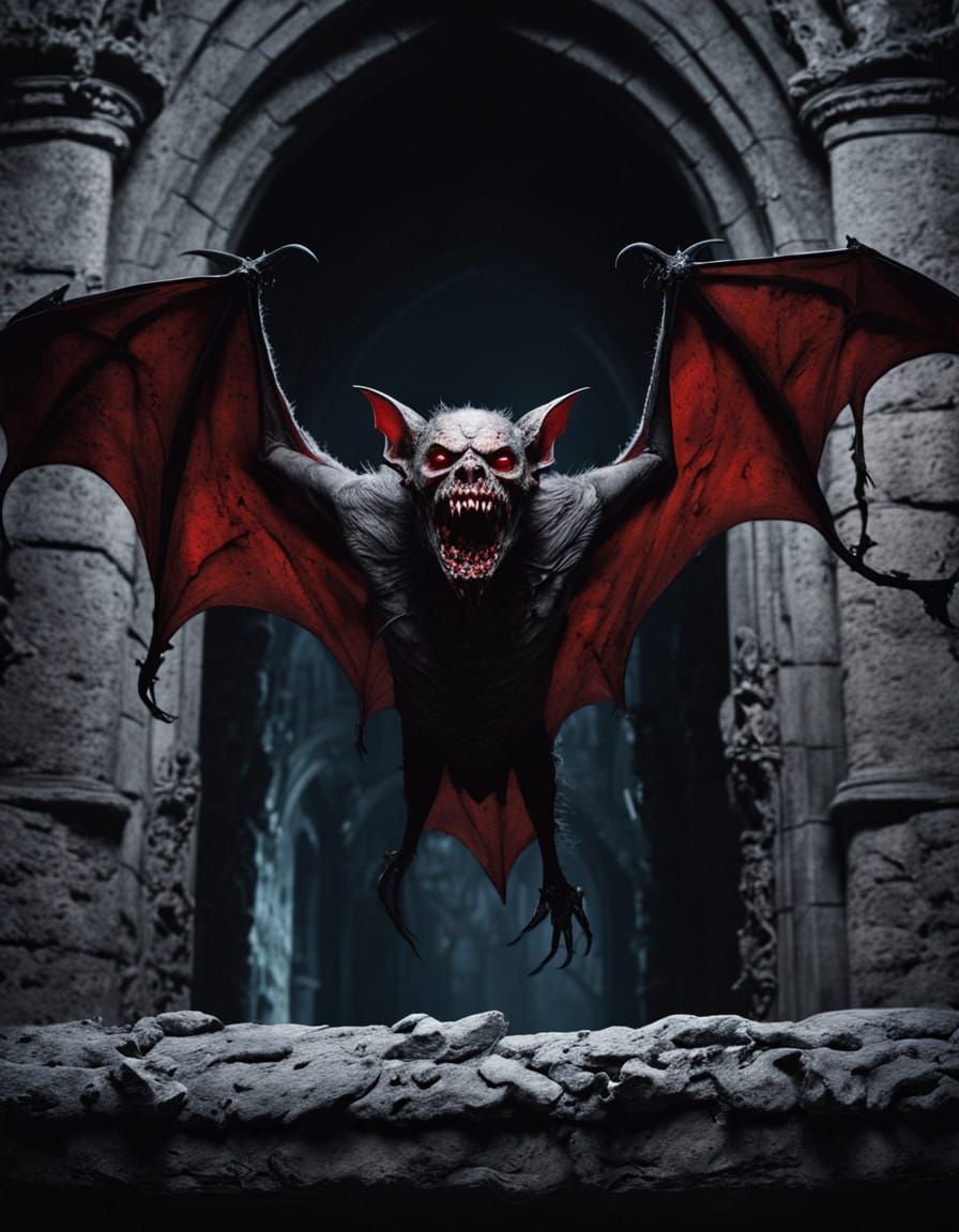 Gothic Vampire Bat Creature in Blood Red Illuminated Portrai...