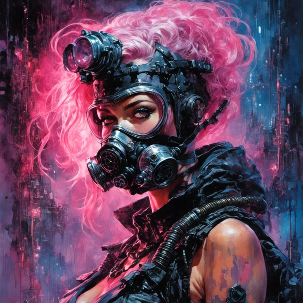 Gas Mask Girl in Cyberpunk Watercolor Style