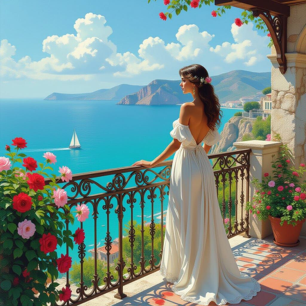 Woman on Wrought Iron Balcony Overlooking Aegean Sea