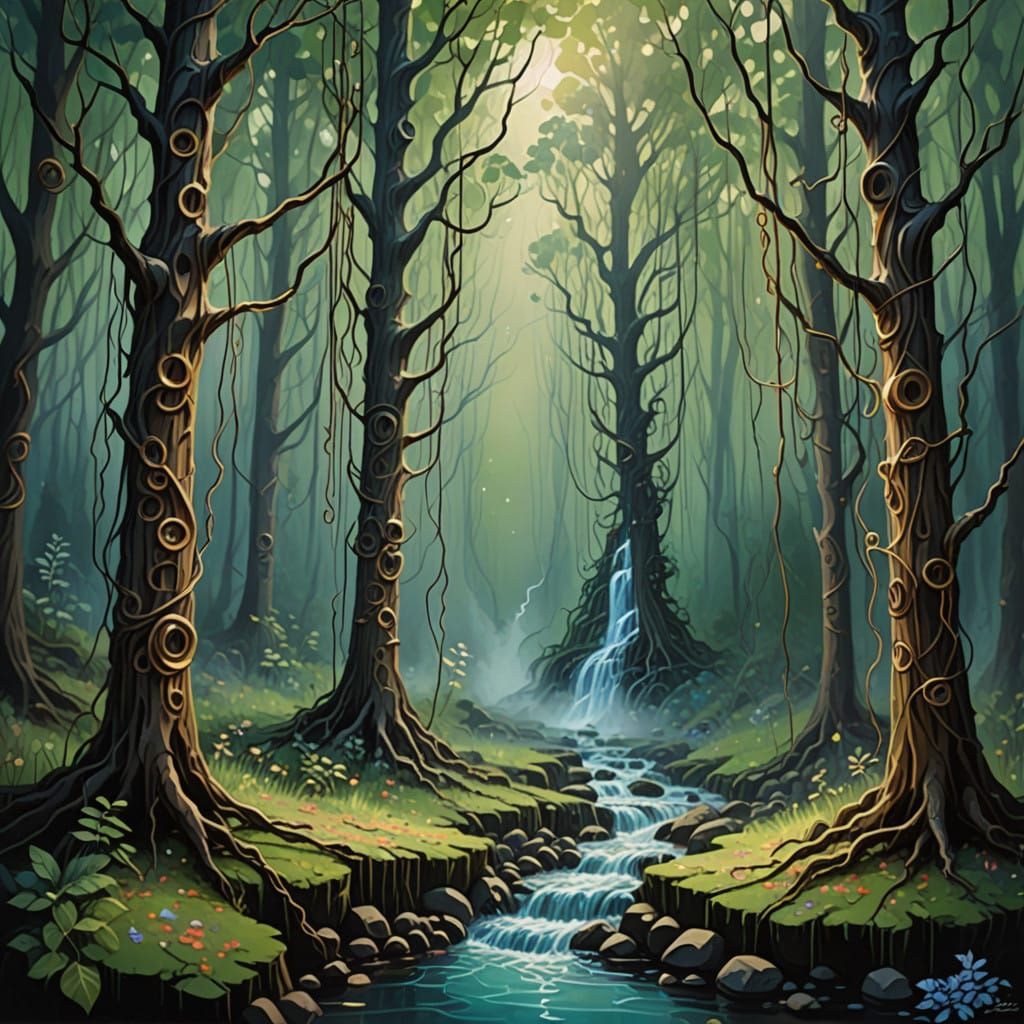 Vibrant Dreamscape Amidst Haunted Woodscape in Impasto Style