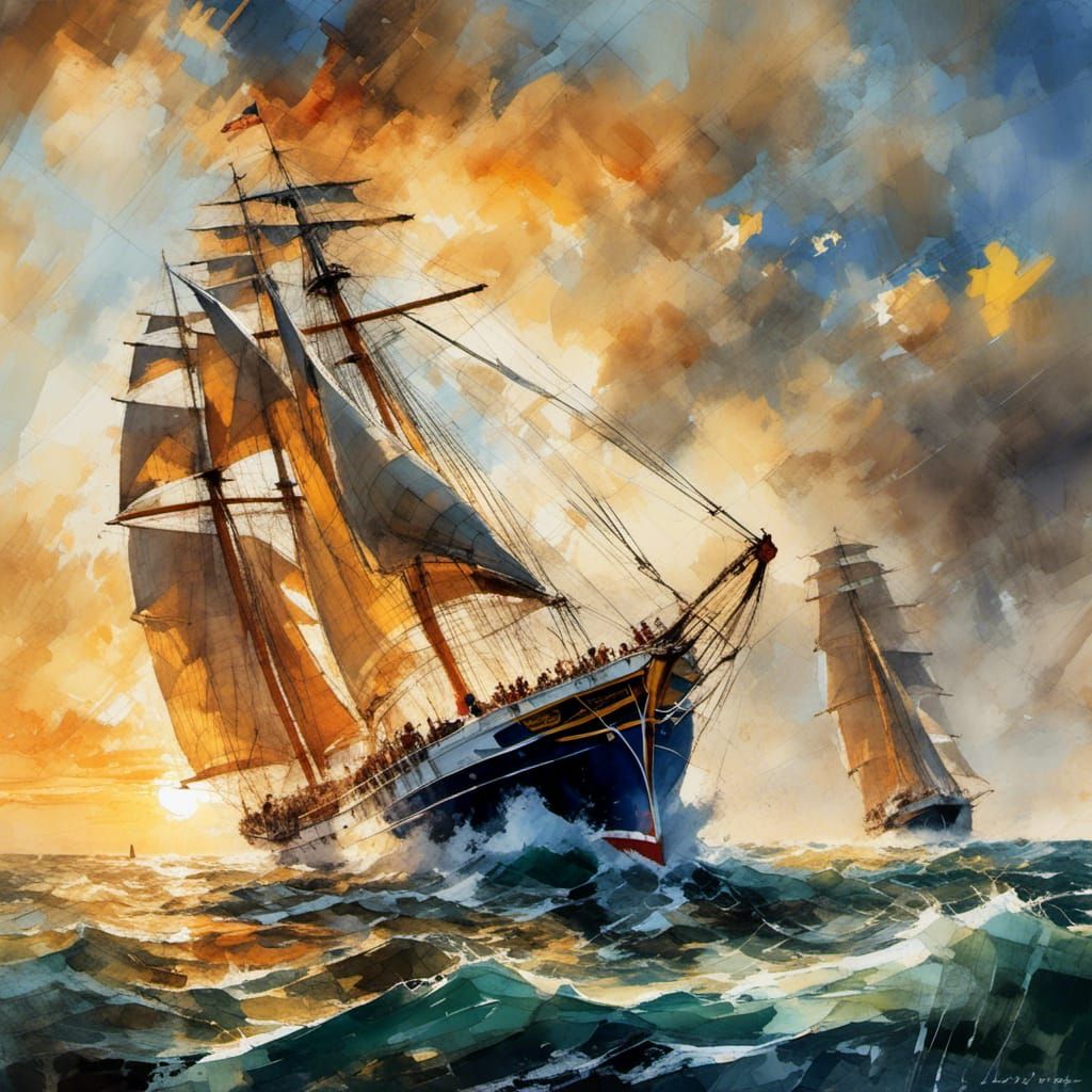 Royal Clipper Races in America's Cup: Watercolor Impasto