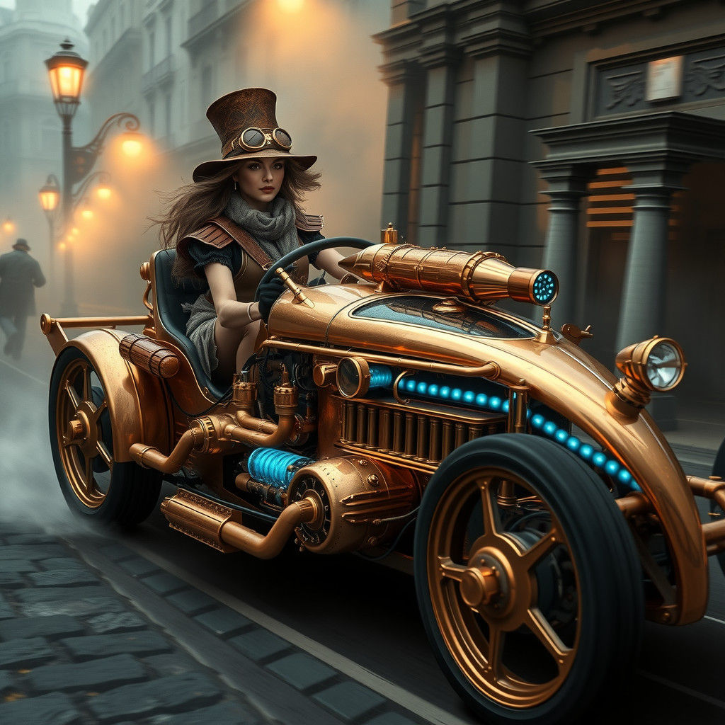 Steampunk Roadster Driver Cruises Down Foggy City Street