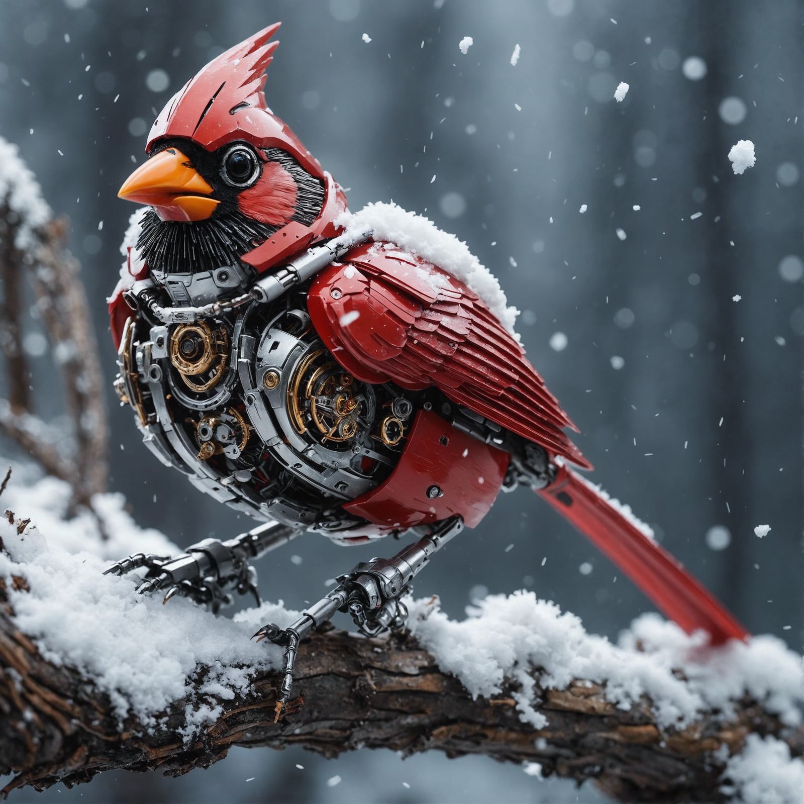 Robotic Cardinal on Snowy Branch in Hypermechanical Style
