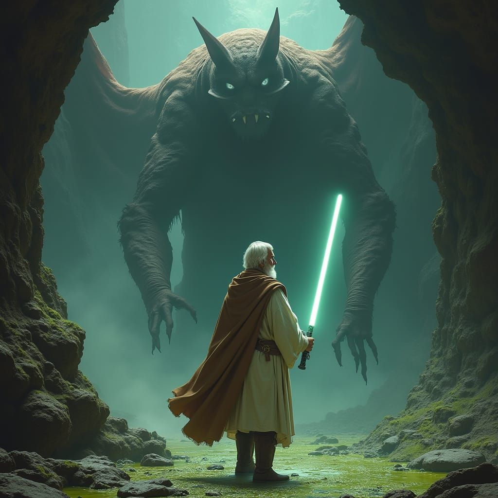 Valiant Warrior in Dimly Lit Cavern