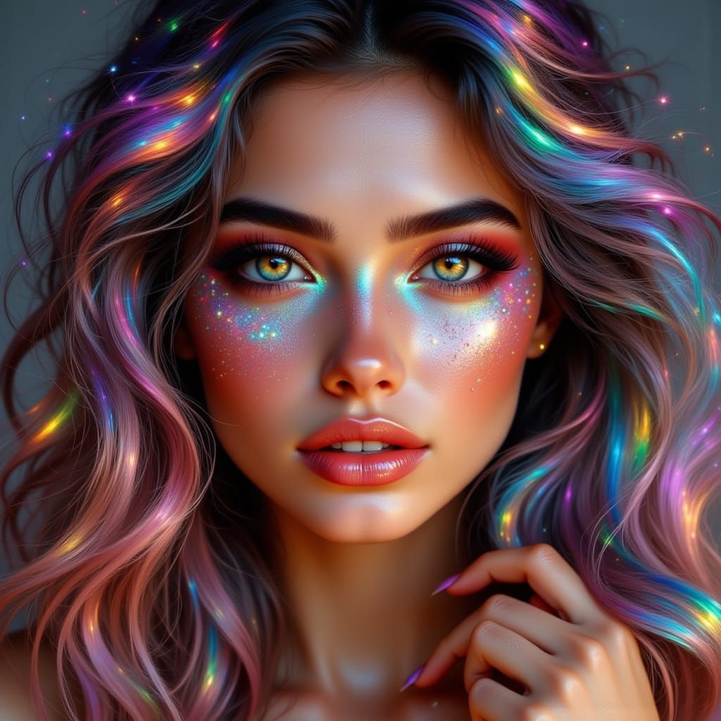 Exquisite Woman with Metallic Makeup, Hyperreal Art