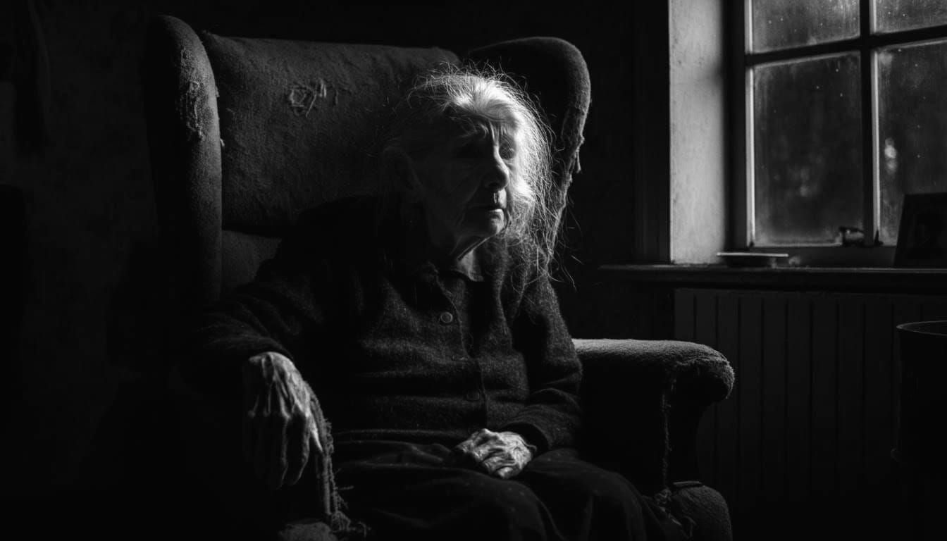 Solitary Old Woman in Dark Room