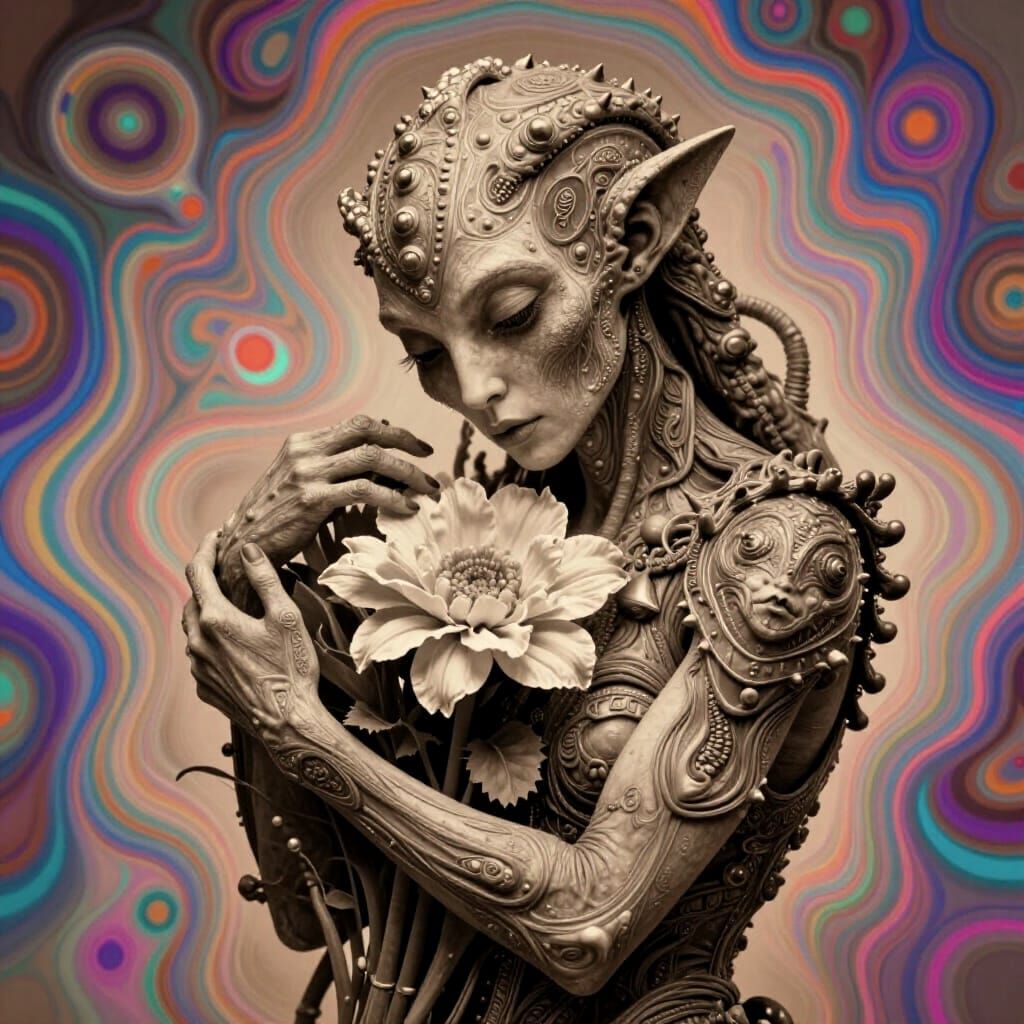 Sepia Photo of Extraterrestrial Woman Hugging Flower
