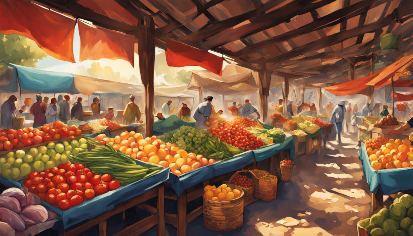 Rustic Country Market with Fresh Produce and Cheeses