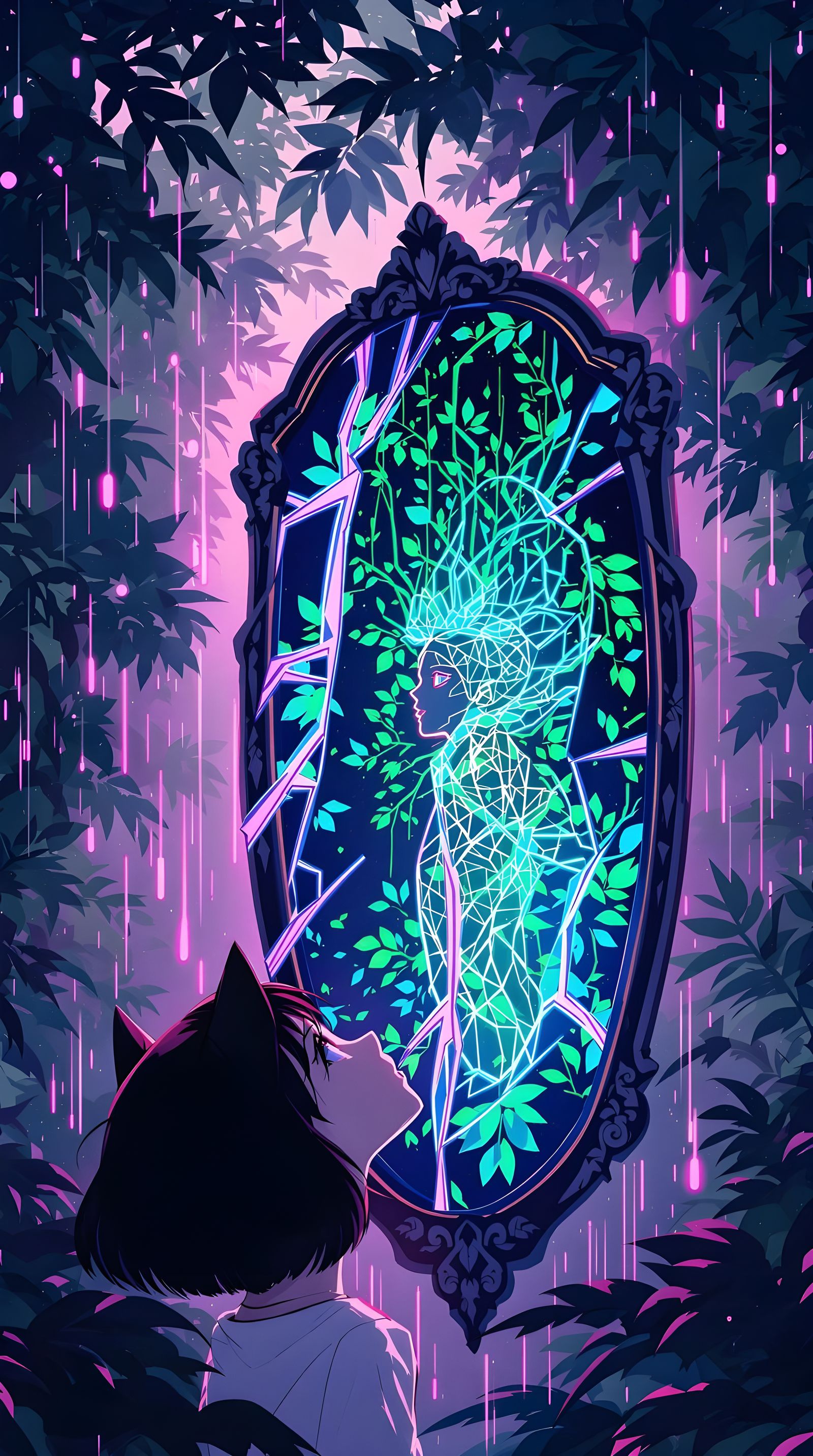 Anime Art Nouveau Goddess Contemplates Neon Spirit