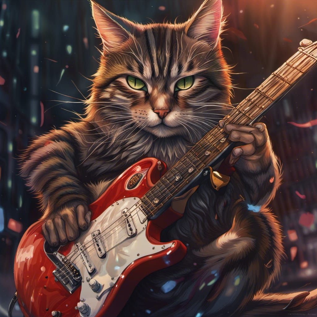 Cat Musician in Anime Key Visual Style