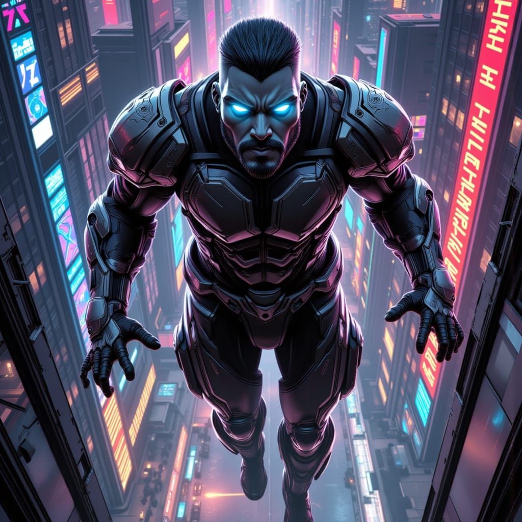 Cyborg Hero in Futuristic Metropolis at Dusk