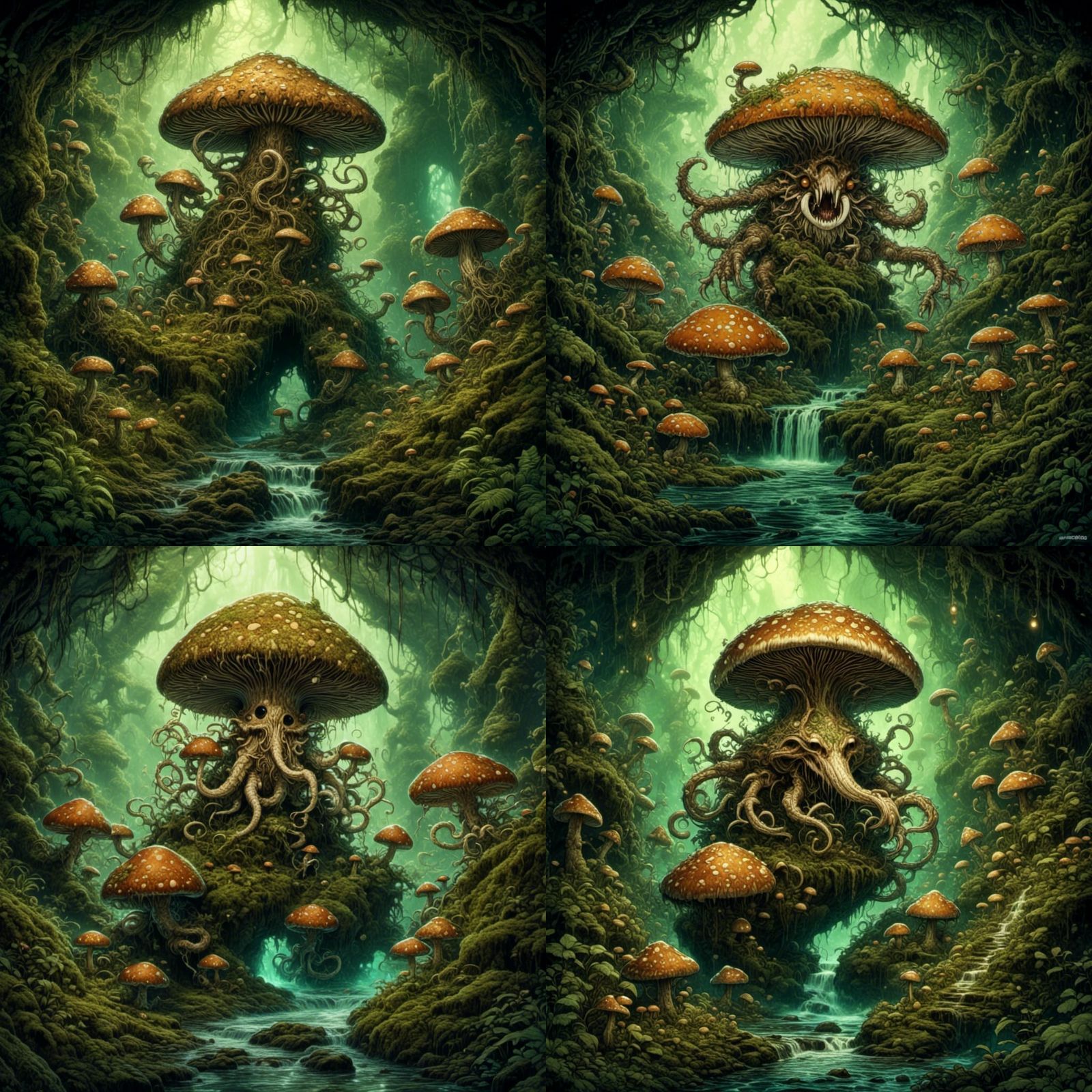 Monstrous Mushroom Creature in Fungal Forest Illustration