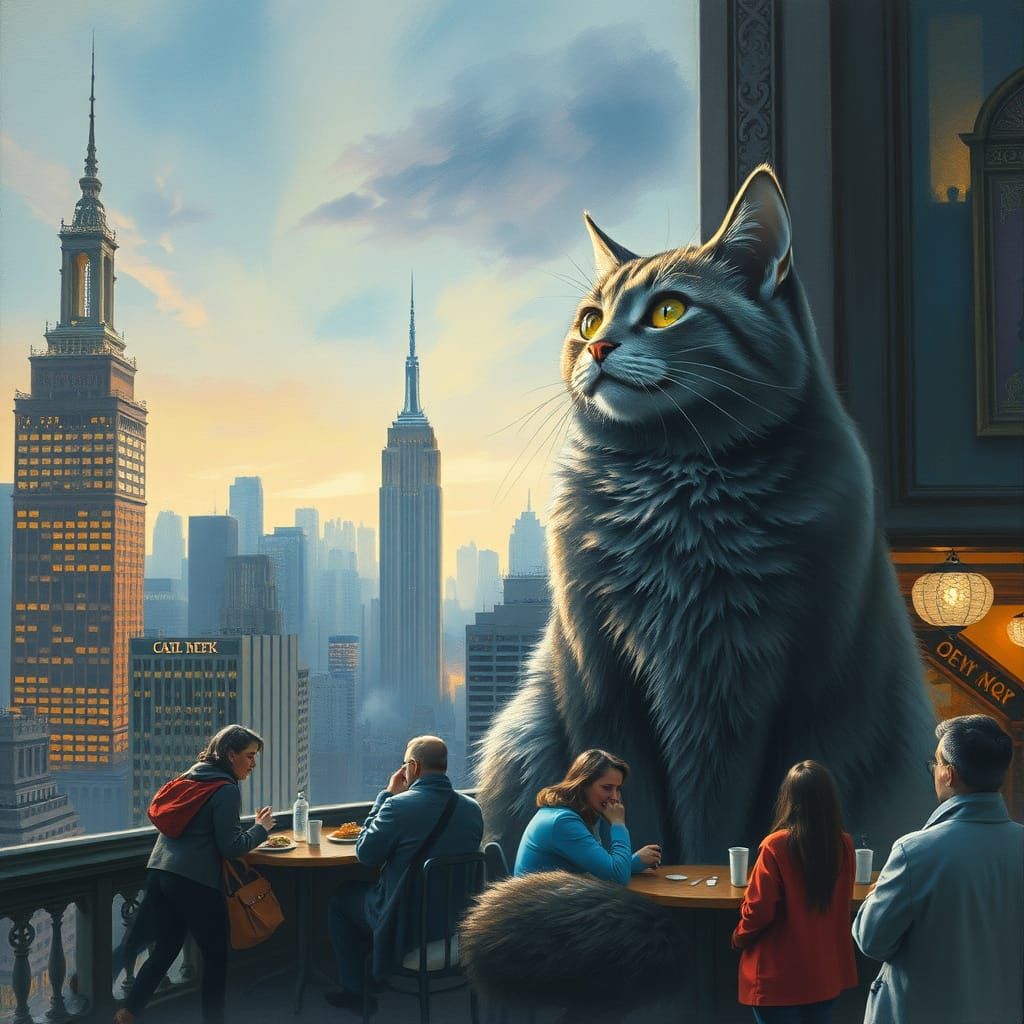 Giant Cat Observes New York, Ethereal Charcoal Drawing