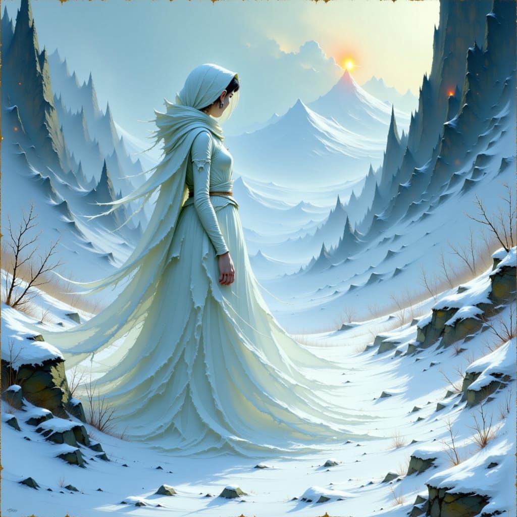 Serene Snow Goddess in Winter Landscape, Mystical Art