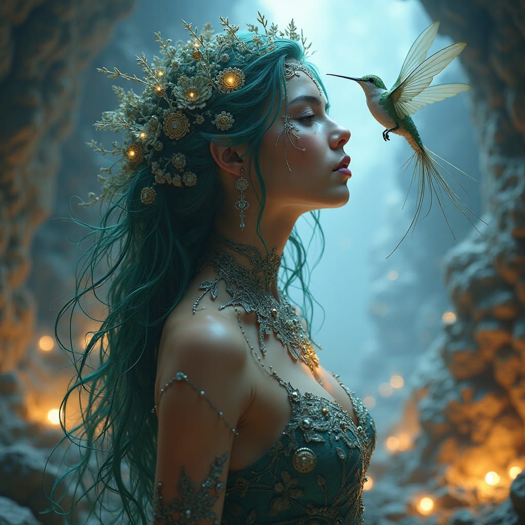 Enchantress in Geode Cavern: Detailed Matte Painting