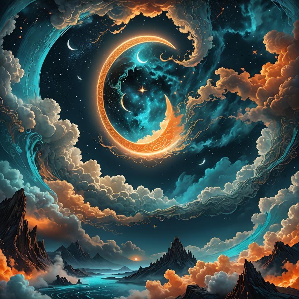 Mystical Moon with Glowing Runes in Fantasy Sky