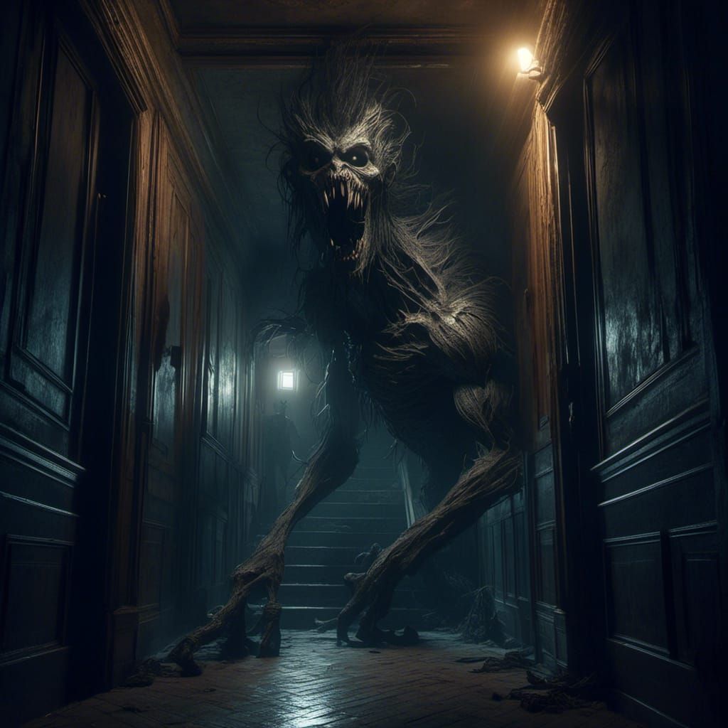 Monster Attack in Old Mansion: Digital Art