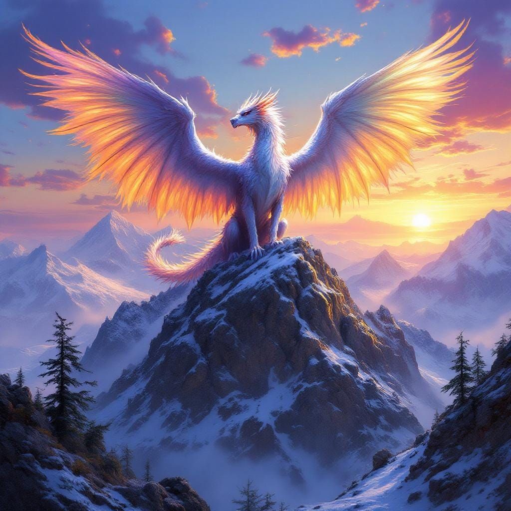 Griffin Dragon Kirin Sunset Landscape in Hyperrealism