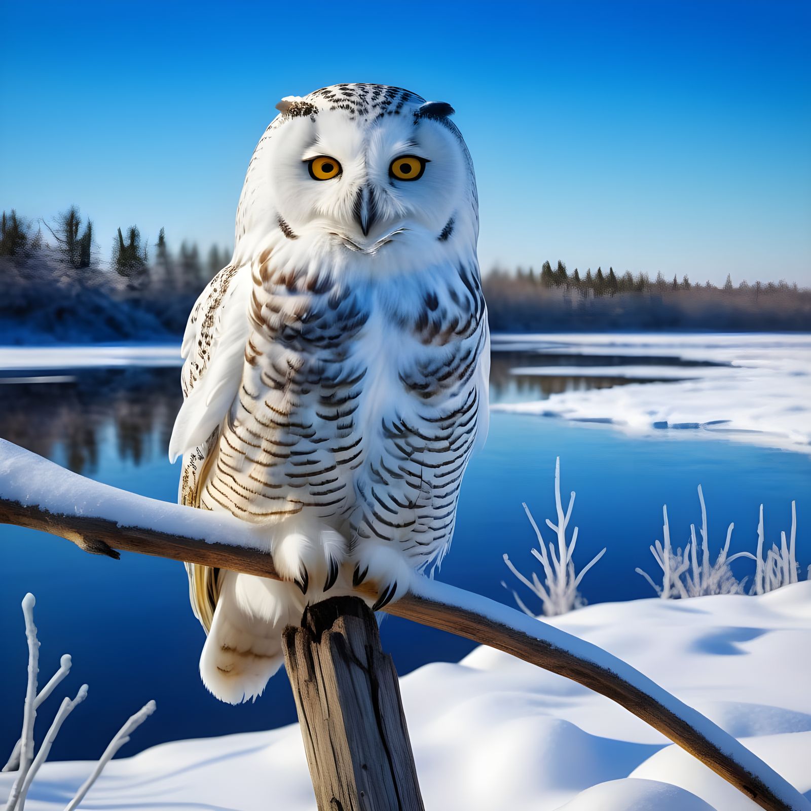 Snow Owl Majestically Perched on Branch Over Frozen Winter W...
