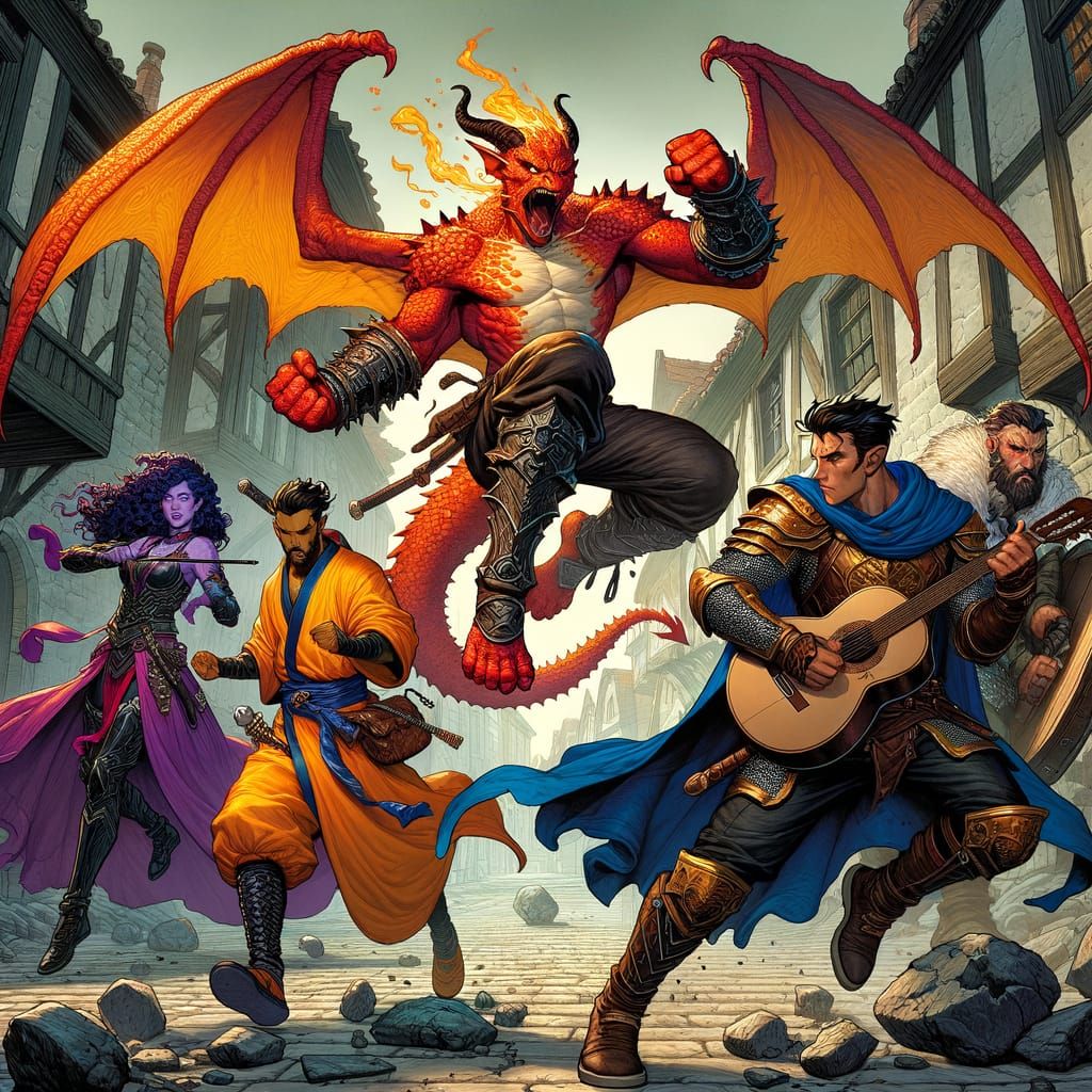 Dynamic D&D Group Scene in Comic Book Style